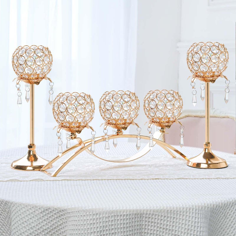 Kehail Set of 3 Gold Crystal Tea Light Candlestick Holders Flower Shape with Crystal Pendant Bowl Votive Metal Candle Holder for Table Centerpieces Wedding Home Decor Set of 3 Gold