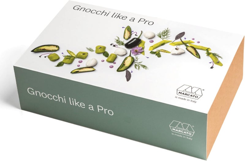 MARCATO Made in Italy GNOCCHI LIKE A PRO 7-piece Kit. Includes gnocchi board, garganelli accessory, 2 pastry rings, rolling pin, short apron, and cookbook - Image 1