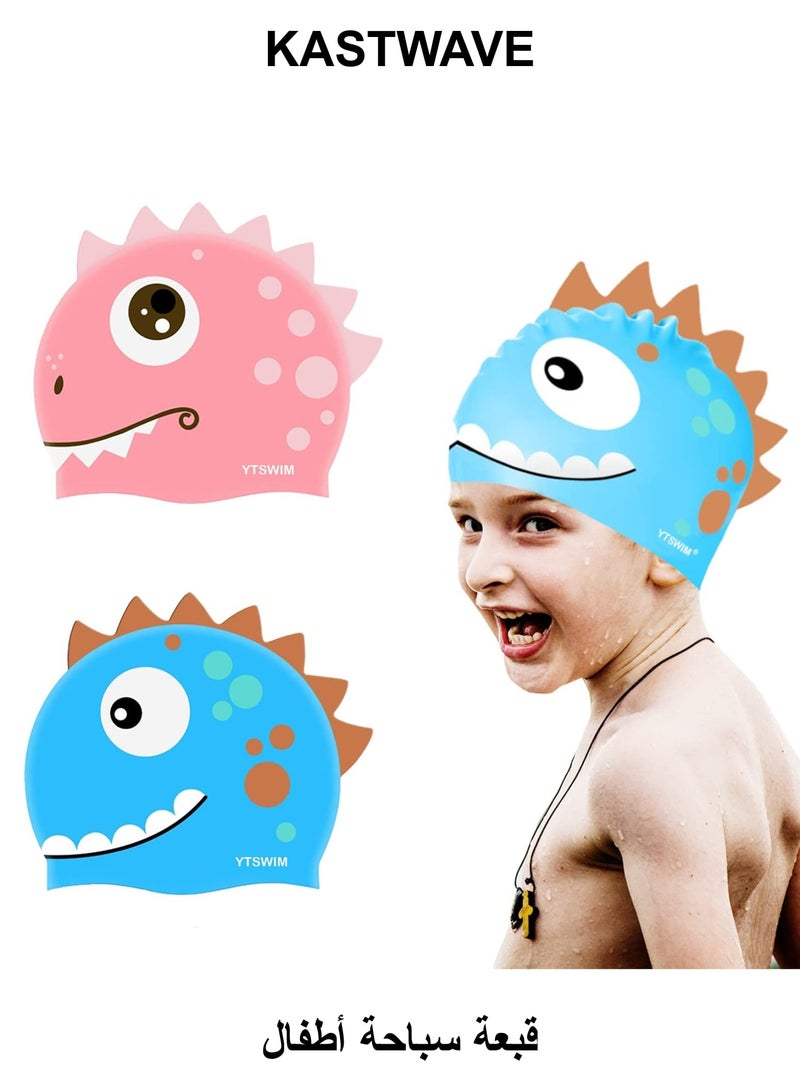 KASTWAVE Kids Swim Cap, 2 Pcs Silicone Toddler Swim Cap for Boys Girls (Age 3-12) Cover Ears Waterproof Bathing Cap with Cute Unicorn Pattern, Keep Hair Dry Swimming Hat for Hair - Image 1