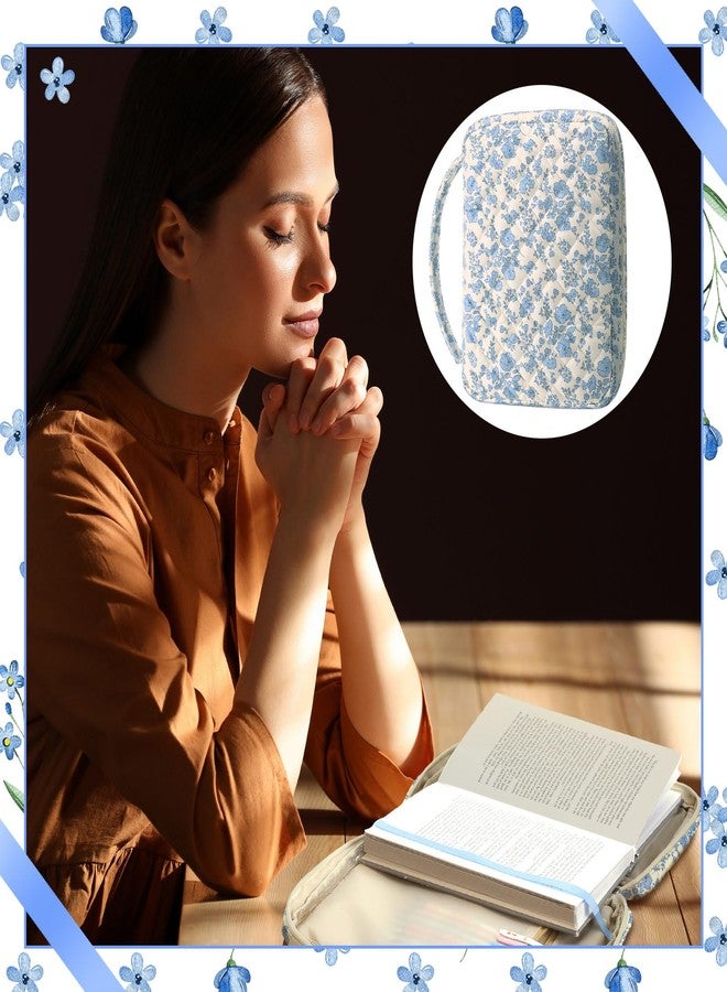 Aliceset حقيبة أليسيت الكبيرة لحفظ الكتاب المقدس للنساء، حقيبة حمل وترتيب الكتاب المقدس من القطن المبطن والمزين بنقوش زهور زرقاء، مزودة بمقبض وسحاب، مثالية كهدية لعيد الفصح المسيحي، ومستلزمات دراسية. - Image 5
