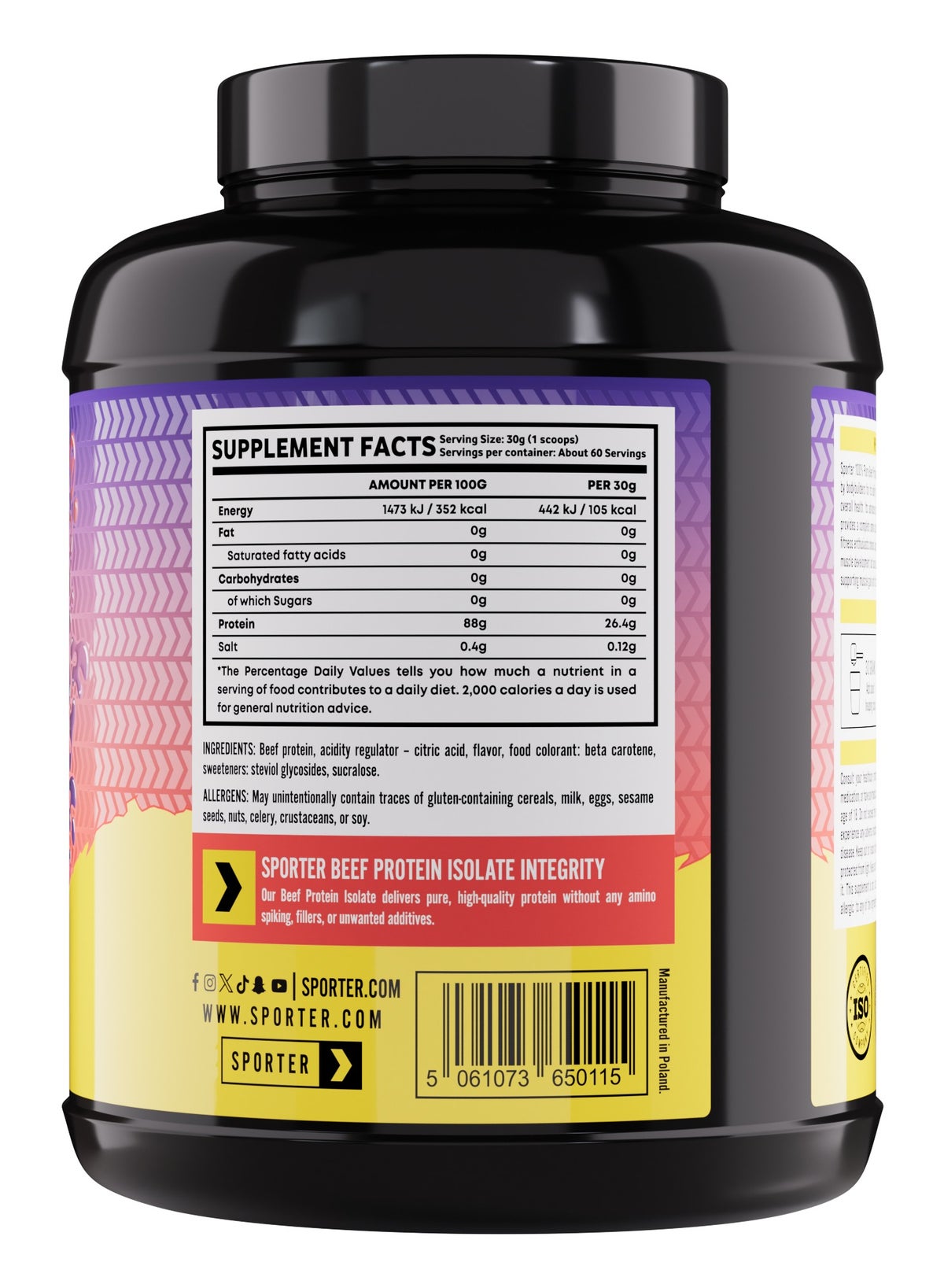 Sporter Beef Protein Isolate – 1800G | 26G Protein Per Serving | 0G Sugar & Fat | Tropical Fruit Flavor | Lactose-Free | Lean Muscle & Recovery