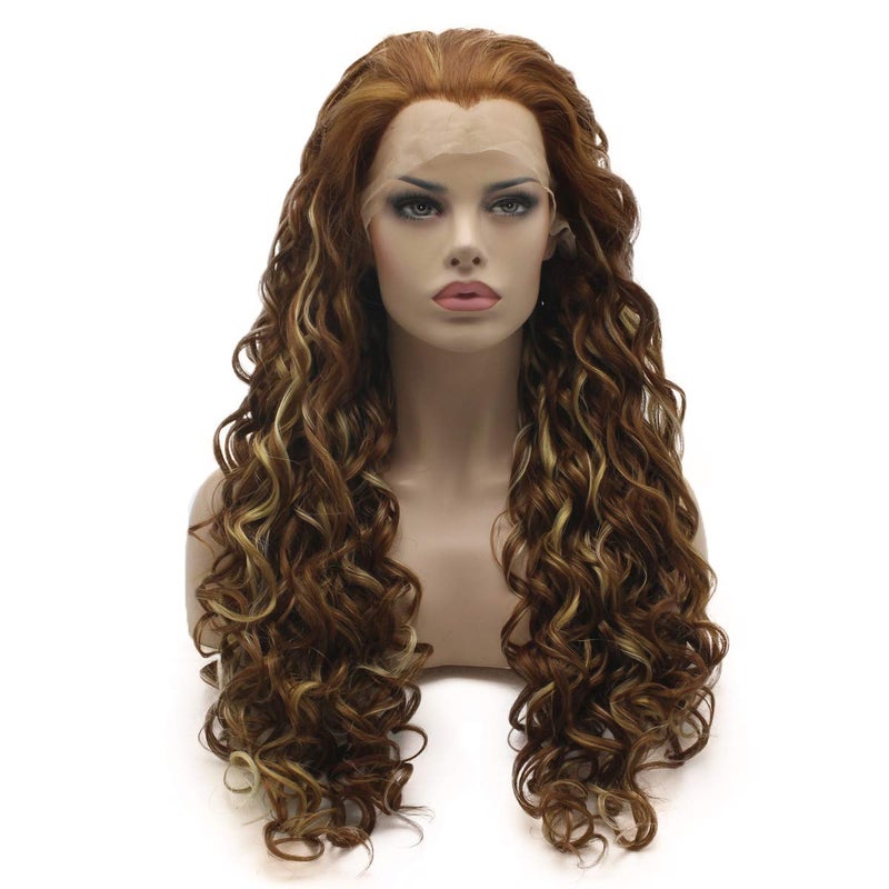 Lushy Lushy Hair Lace Front Synthetic Wig Curly Long 26inch Honey Blonde Auburn Light Blond Mix Wig Heavy Density Realistic Stylish Wigs 
