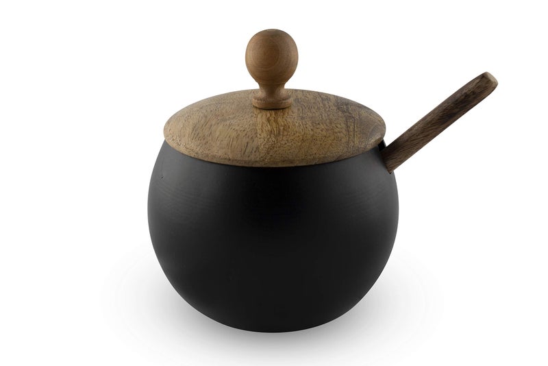 GoCraft GoCraft Sugar Bowl with Wooden Lid and Spoon for Home and Kitchen Drum Shape Matte Black Finish 