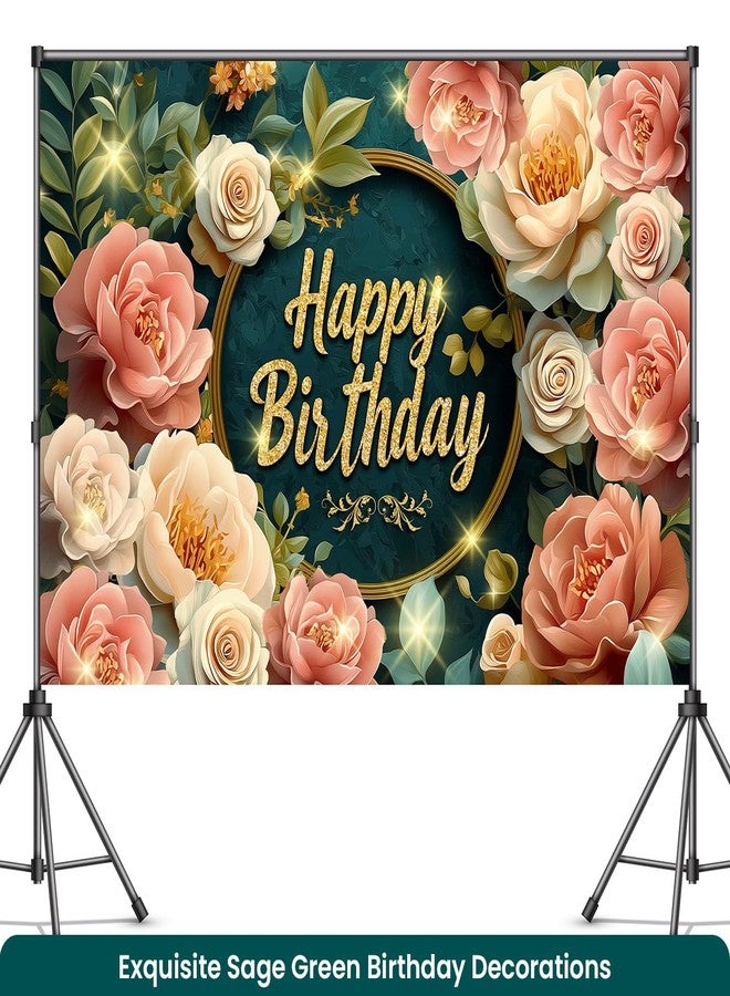 IndoTribe Sage Green Birthday Decorations 6x4ft Happy Birthday Backdrop for Women Floral Birthday Decorations Happy Birthday Banner for Women Sage Green Banner Floral Party Decorations Background Party Banners - Image 3