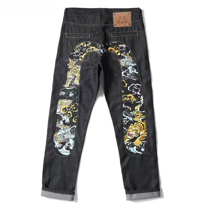 2023 Autumn Cross-border Explosions European and American High Street Hip-hop Graffiti Print Jeans Mens Fashion Brand Slim-fit Straight Wide-leg Pants Style II (collection priority delivery)
