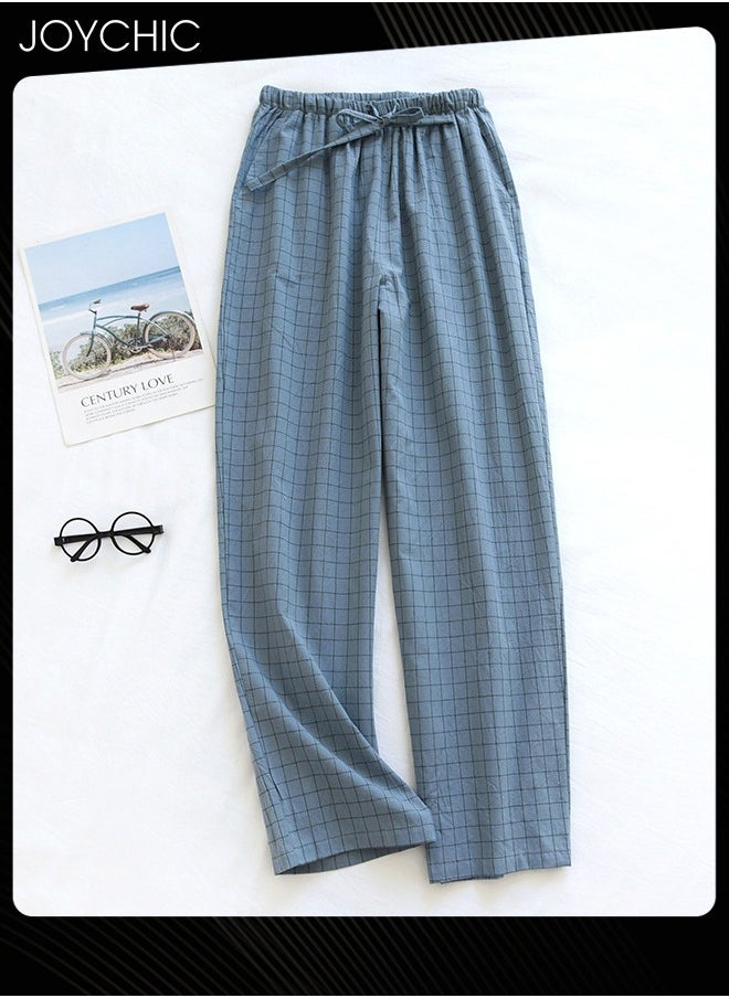 Joychic Japanese Style Washed Pure Cotton Men's Pyjama Bottom Spring and Autumn Thin Plaid Pattern Home Pants Large Size Light Blue  - Image 1