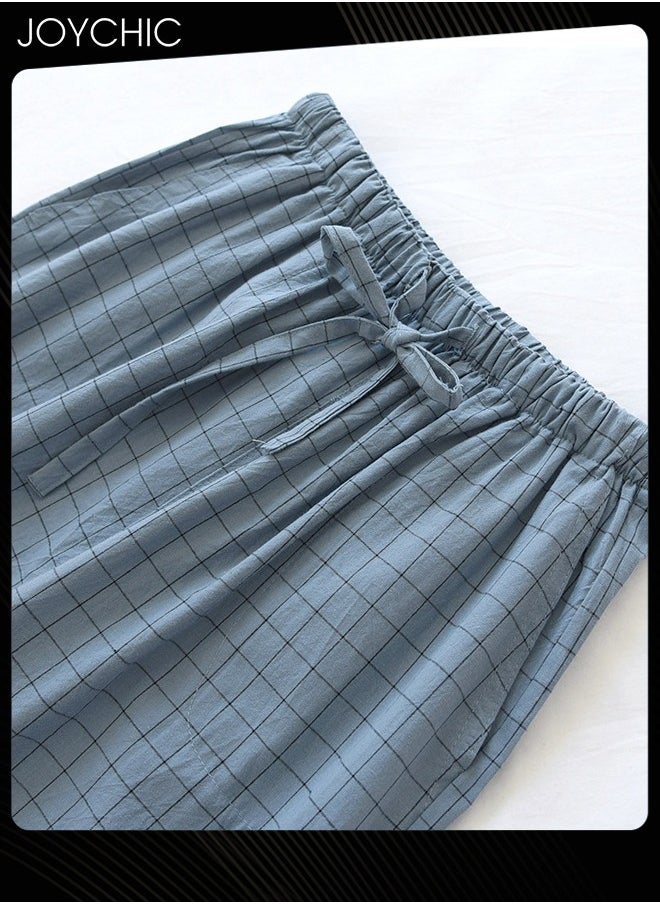 Joychic Japanese Style Washed Pure Cotton Men's Pyjama Bottom Spring and Autumn Thin Plaid Pattern Home Pants Large Size Light Blue  - Image 3