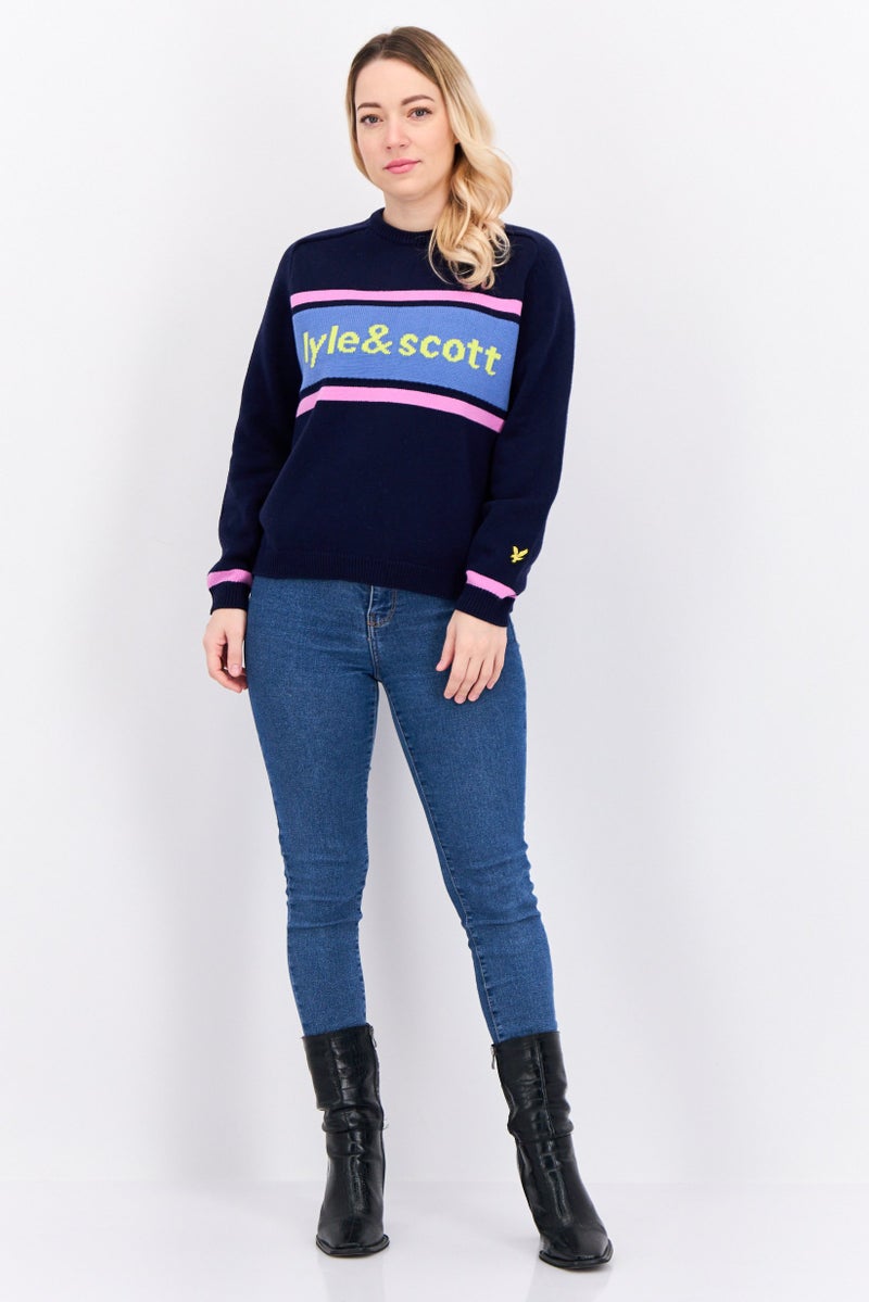 Lyle & Scott Women Crew Neck Brand Logo Sweater, Navy - Image 4