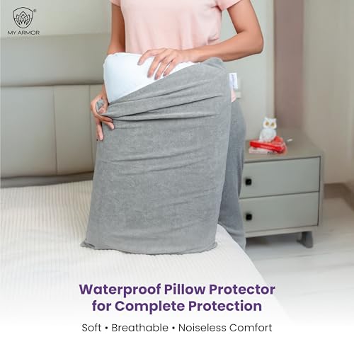 MY ARMOR Pillow Covers Set of 2 | Pillow Protector Waterproof & Dustproof Cotton Terry Pillow, 220+ GSM Standard Size Pillow Cover (20" x 30") – Grey - Image 2