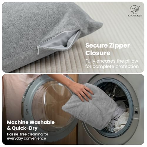 MY ARMOR Pillow Covers Set of 2 | Pillow Protector Waterproof & Dustproof Cotton Terry Pillow, 220+ GSM Standard Size Pillow Cover (20" x 30") – Grey - Image 5