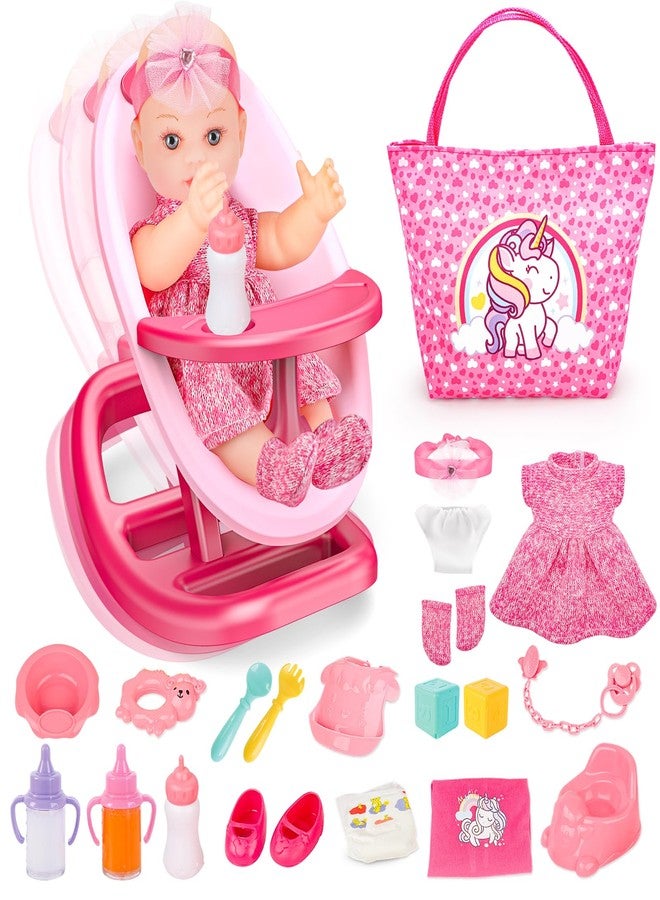 deAO مجموعة ألعاب دمى الأطفال من deAO - مجموعة سرير دمى الأطفال القابلة للتعديل 2 في 1 - كرسي عالٍ وسرير هزاز، ملحقات دمى الأطفال مع دمى بطول 13 بوصة، لعبة هدايا تمثيلية لتغذية الأطفال الصغار من 3 سنوات فما فوق - Image 1