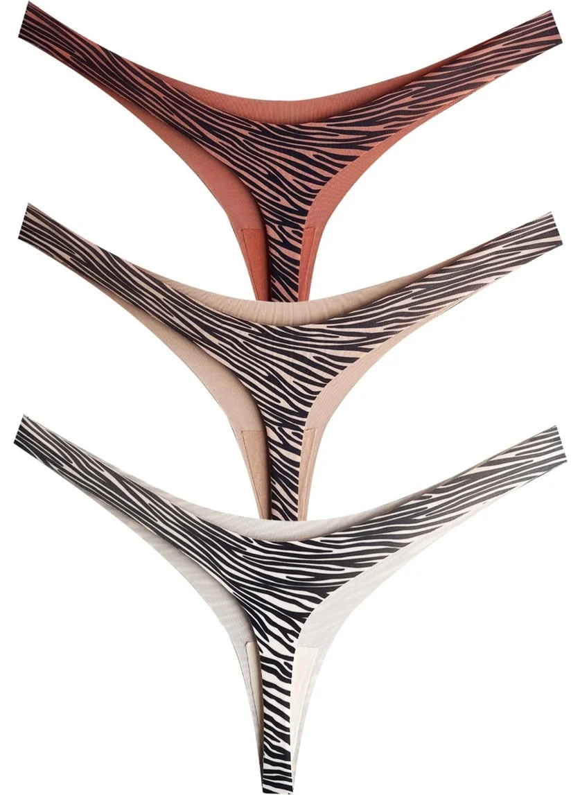 كوتن هيل Basic Patterned Laser Cut Women's Thong Panties 3-Pack-1