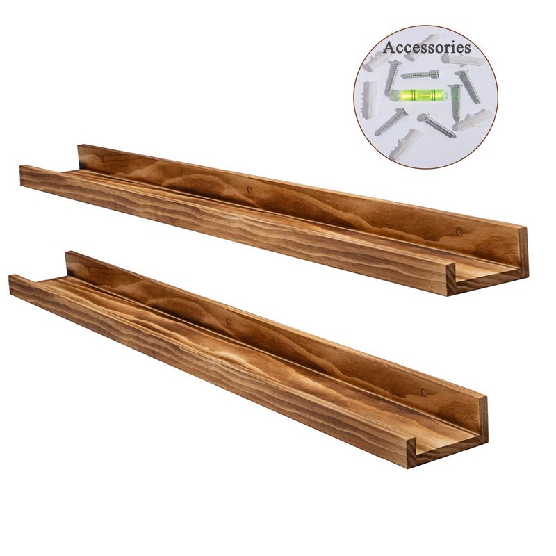 AZSKY 24" Floating Wall Ledge Shelf Wood Picutre Shelf Wall Mounted Nursery Kids Bookshelf Spice Rack Bathroom Storage Shelves Display Organizer Set of 2 - Image 3