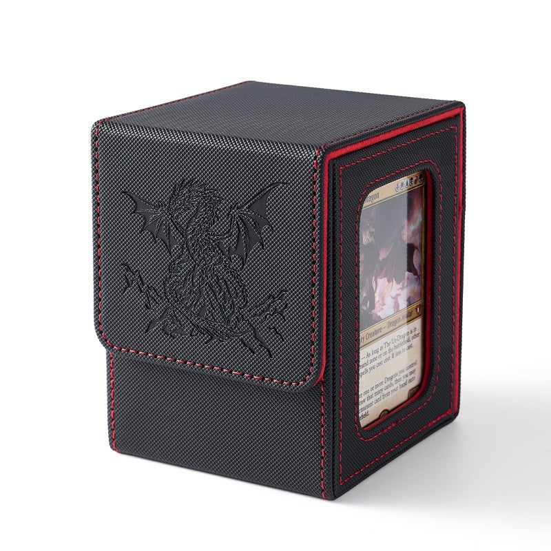 Venssu MTG Deck Box with Commander Display, Dragon Card Deck Case Fits 100 Double Sleeved Cards, TCG Card Storage Box with 2 Dividers and 1 Toploader (Black and Red) - Image 1