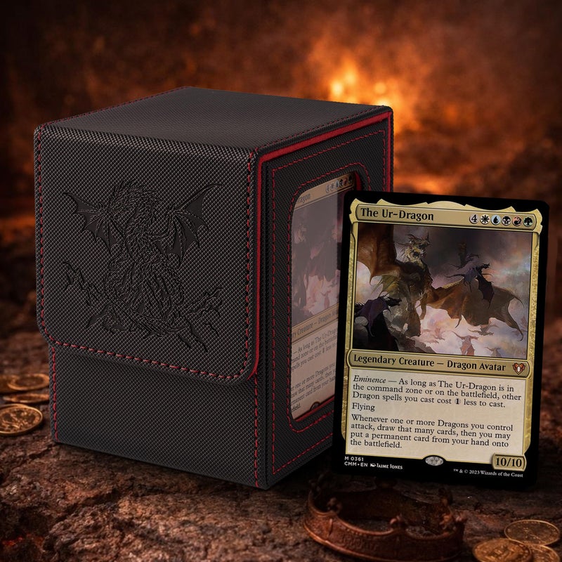 Venssu MTG Deck Box with Commander Display, Dragon Card Deck Case Fits 100 Double Sleeved Cards, TCG Card Storage Box with 2 Dividers and 1 Toploader (Black and Red) - Image 3