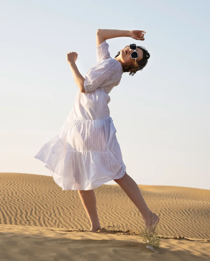 ريريزم Women's Textured Elegance Tiered Dress With Dobby Patterns