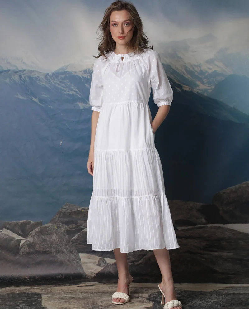 ريريزم Women's Textured Elegance Tiered Dress With Dobby Patterns