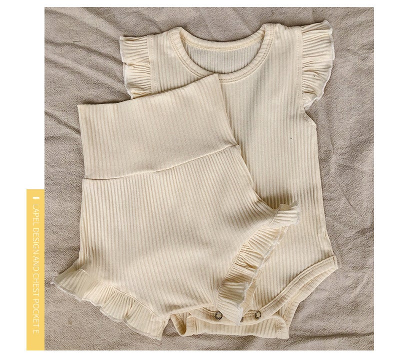 Babys Jumpsuit Solid Color with Ear-cuffed Edge Babys Fat-wrap Suit Summer Sleeveless Round Neck Sleeveless Sleepless Sleepless Sleepless Sleepless Sleepless Sleepless Sleepless Sleepless Sleepless Sleepless Sleepless Sleepless Sleepless Sleepless Sleepless Crewneck Sleepless Sleepless Sleepless Kits for Korean Style Childrens Clothing for Childrens Wear Apricot