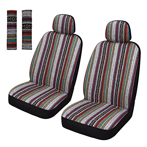 Pariitadin Baja Saddle Blanket Car Seat Covers Front Set with Seat Belt Pads, Washable Breathable Striped Woven Cloth Seat Covers for Cars, Universal Fit Most Cars, Airbag Compatible, Red - Image 1