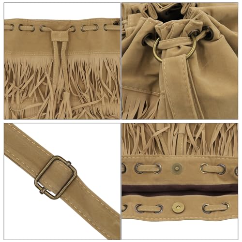 MOSSTYUS Fringe Hobo Purse Bags for Women Crossbody Purses with Drawstring Ladies Tassel Tote Shoulder Bucket Handbags,Khaki - Image 4
