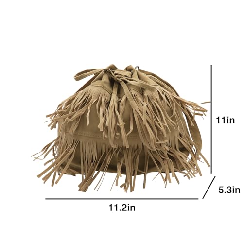 MOSSTYUS Fringe Hobo Purse Bags for Women Crossbody Purses with Drawstring Ladies Tassel Tote Shoulder Bucket Handbags,Khaki - Image 5