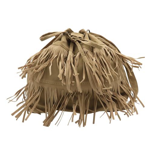 MOSSTYUS Fringe Hobo Purse Bags for Women Crossbody Purses with Drawstring Ladies Tassel Tote Shoulder Bucket Handbags,Khaki - Image 2