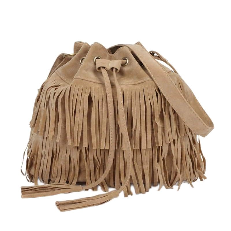 MOSSTYUS Fringe Hobo Purse Bags for Women Crossbody Purses with Drawstring Ladies Tassel Tote Shoulder Bucket Handbags,Khaki - Image 1