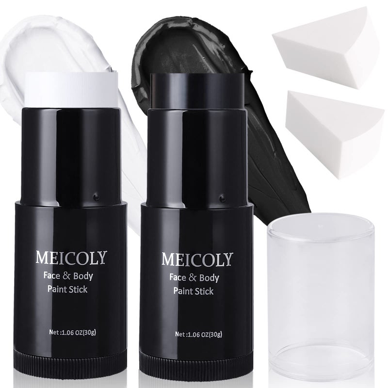 MEICOLY Black White Face Body Paint Stick Kit106Oz Clown White Makeup Kit2pcs Halloween Face Paint Grease Cream Mime SticksJoker Zombie Vampire Skeleton Cosplay with 2pcs Sponges