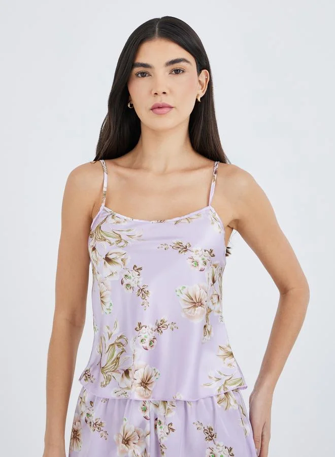 ستايلي Styli All-Over Print Satin Strappy Top and Shorts Pyjama Set
