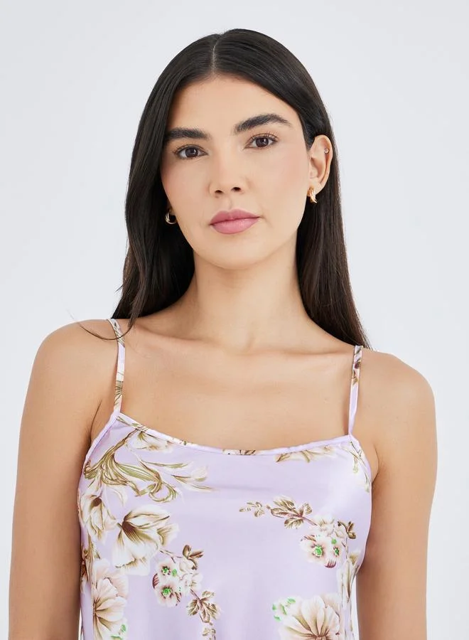ستايلي Styli All-Over Print Satin Strappy Top and Shorts Pyjama Set
