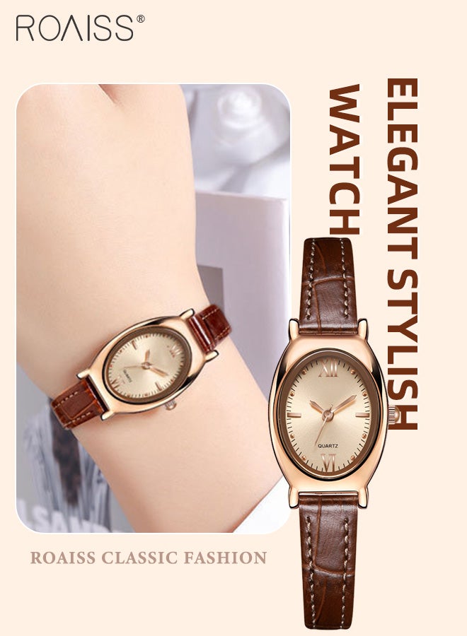roaiss Women's Leather Strap Quartz Watch, Analog Display Oval Sunray Texture Dial, Stylish Retro Waterproof Wristwatch as Gift for Ladies - Image 1