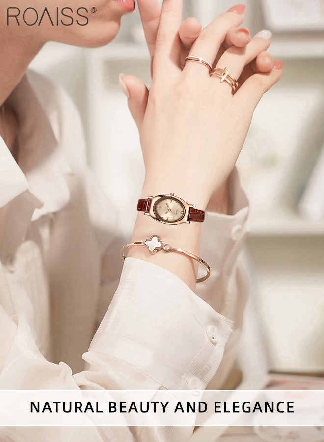 roaiss Women's Leather Strap Quartz Watch, Analog Display Oval Sunray Texture Dial, Stylish Retro Waterproof Wristwatch as Gift for Ladies - Image 2