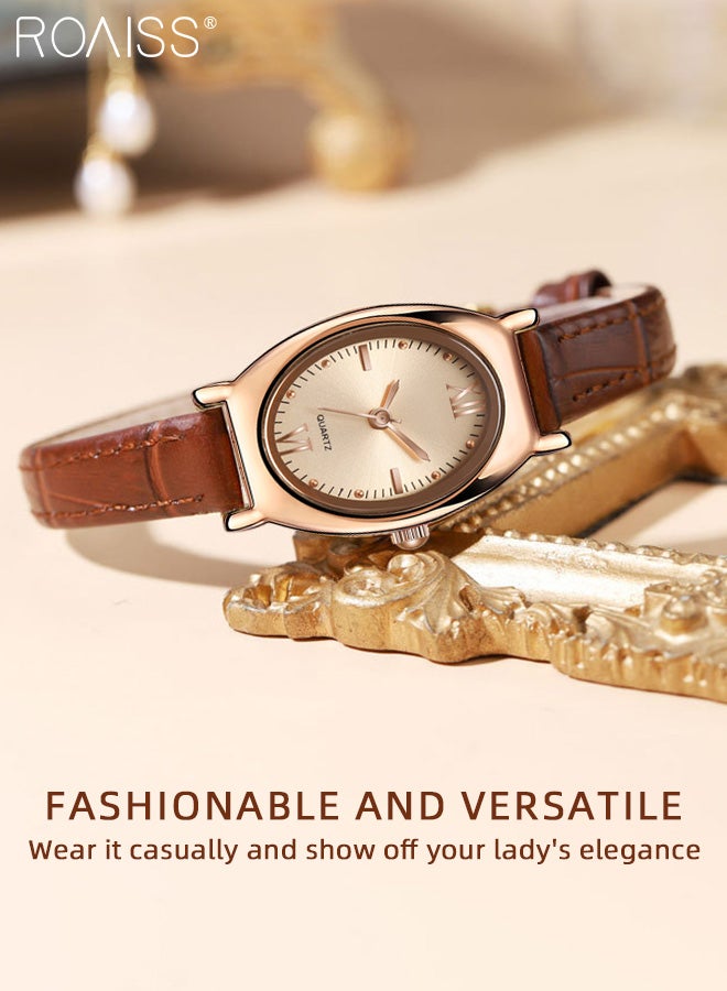 roaiss Women's Leather Strap Quartz Watch, Analog Display Oval Sunray Texture Dial, Stylish Retro Waterproof Wristwatch as Gift for Ladies - Image 3