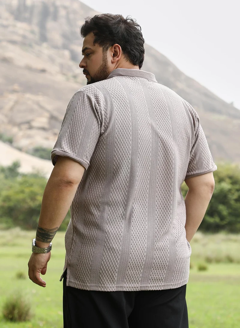 Instafab Plus Instafab Plus Men Marquise-Panel Jacquard Polo T-Shirt | Jacquard Polo Neck , Short Cuff Sleeves | Half-Button Closure , Straight Hem | Jacquard Knit Fabric For Casual & Daily Wear | Almond Beige
