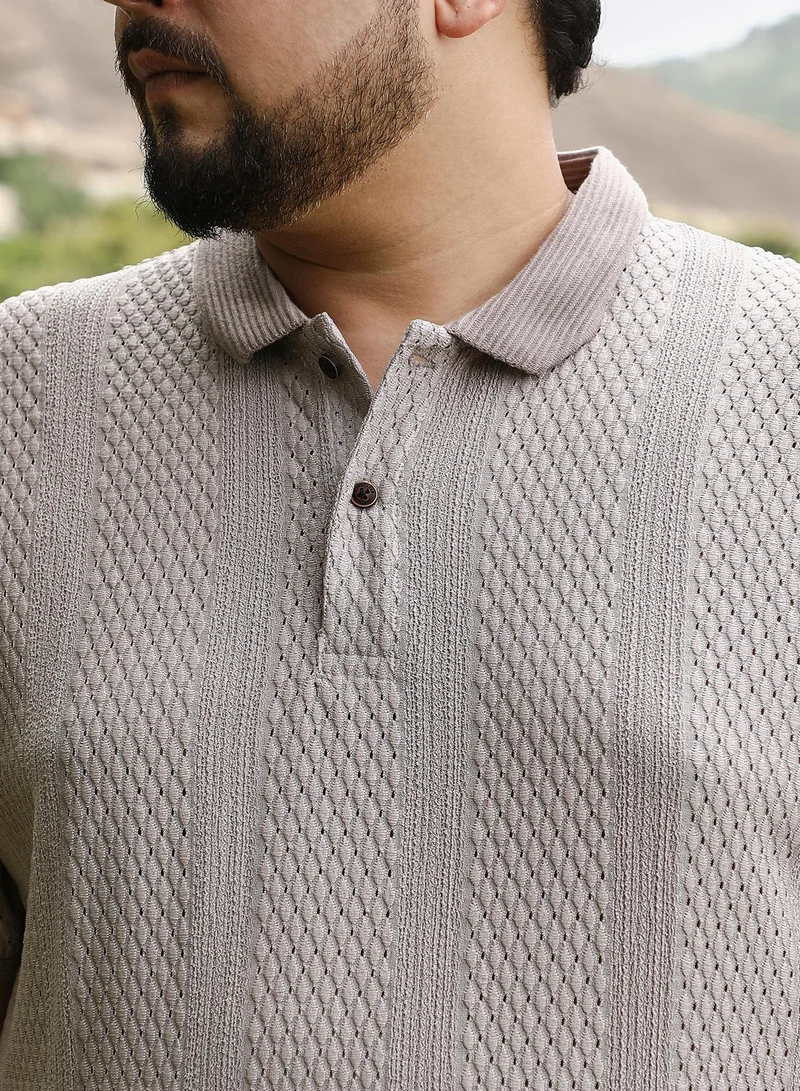 Instafab Plus Instafab Plus Men Marquise-Panel Jacquard Polo T-Shirt | Jacquard Polo Neck , Short Cuff Sleeves | Half-Button Closure , Straight Hem | Jacquard Knit Fabric For Casual & Daily Wear | Almond Beige