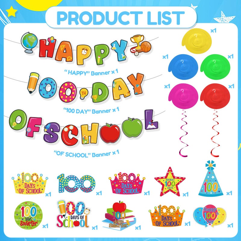 Nezyo 32 Pcs 100th Days of School Decorations Happy 100th Day of School Hanging Swirls Ceiling Hanging Banner Streamers for Student Classroom Kindergarten Preschool Primary Party Decor Supplies - Image 3