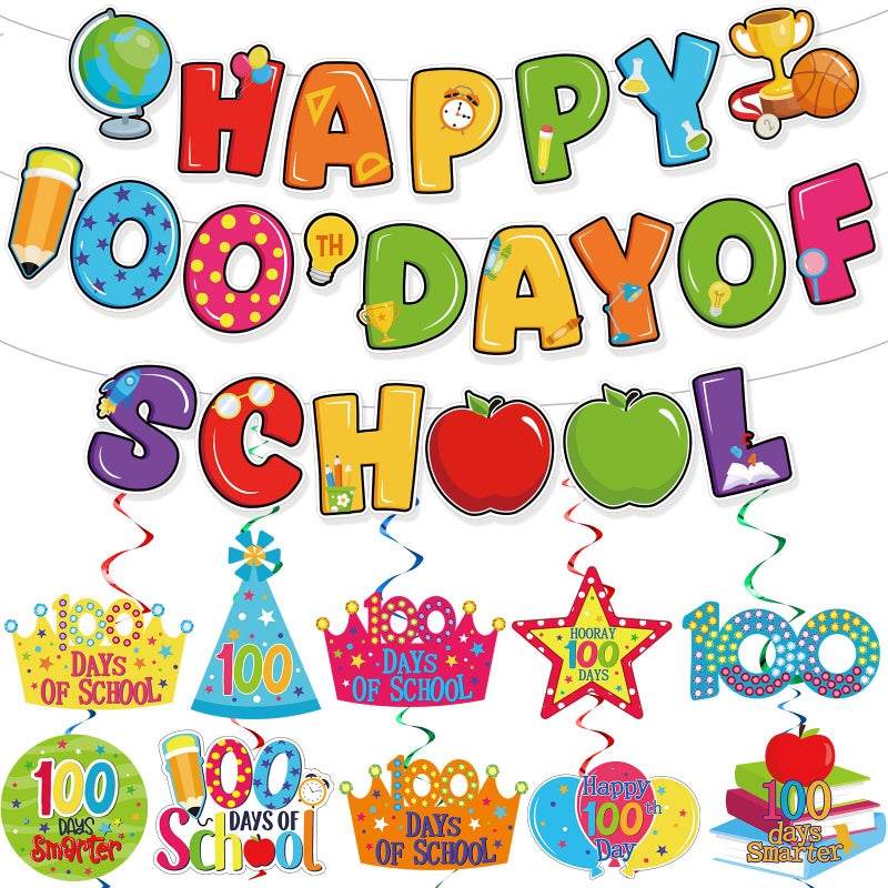 Nezyo 32 Pcs 100th Days of School Decorations Happy 100th Day of School Hanging Swirls Ceiling Hanging Banner Streamers for Student Classroom Kindergarten Preschool Primary Party Decor Supplies - Image 1