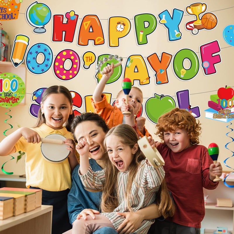 Nezyo 32 Pcs 100th Days of School Decorations Happy 100th Day of School Hanging Swirls Ceiling Hanging Banner Streamers for Student Classroom Kindergarten Preschool Primary Party Decor Supplies - Image 5