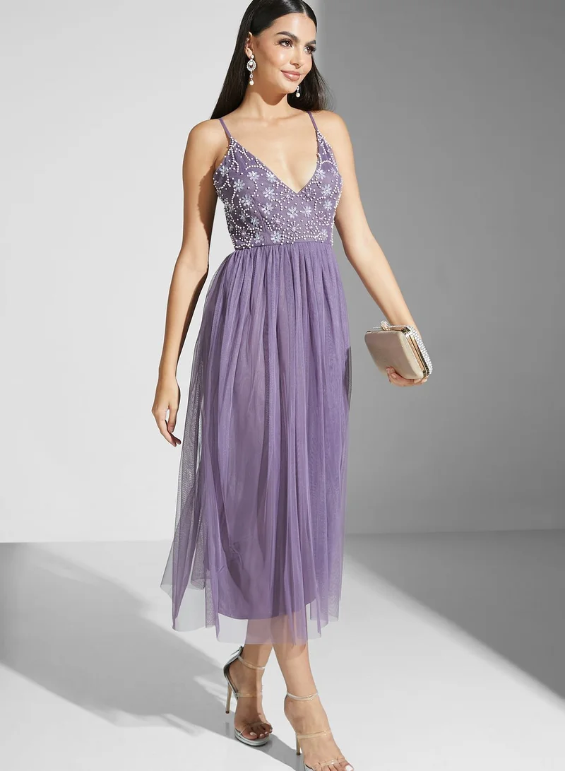 Namshi x Shouq Strappy Embellished Fit And Flare Dress