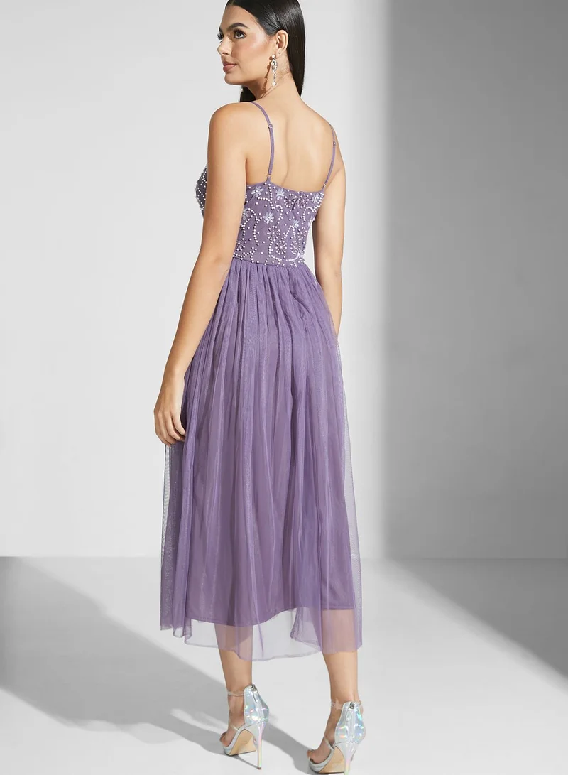 Namshi x Shouq Strappy Embellished Fit And Flare Dress