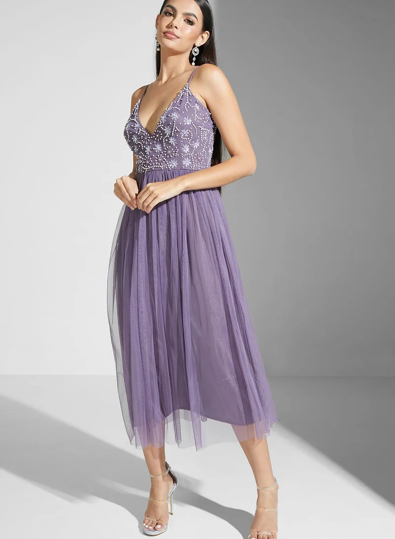 Namshi x Shouq Strappy Embellished Fit And Flare Dress