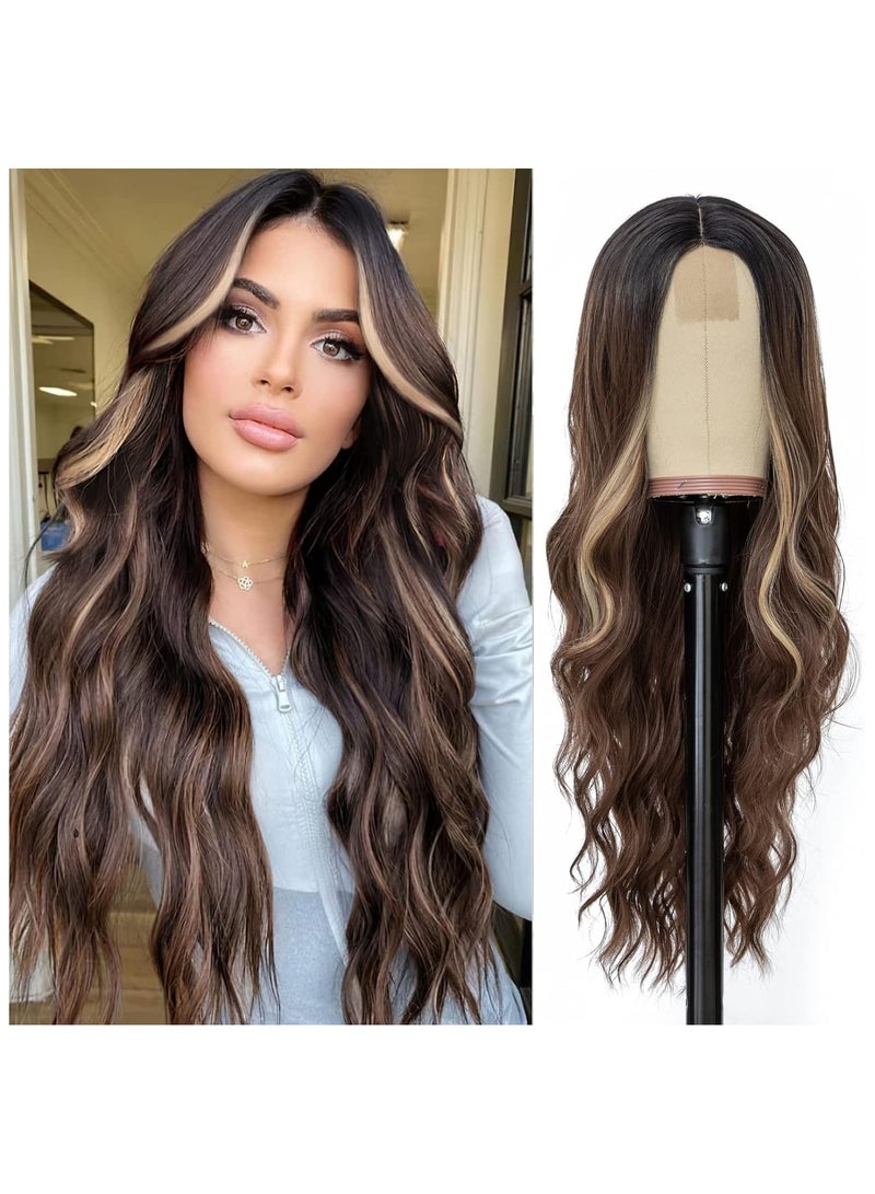إستيل شعر مستعار طويل بني مختلط أشقر مموج للنساء 26 بوصة الجزء الأوسط مجعد شعر مستعار مموج ذو مظهر طبيعي شعر مستعار صناعي مقاوم للحرارة من الألياف للاستخدام اليومي للحفلات (أشقر بني مختلط) - Image 1