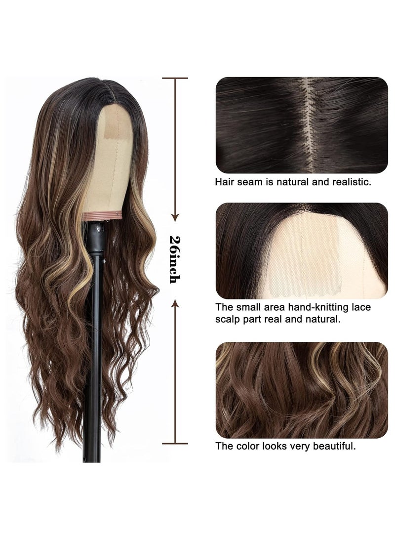 إستيل شعر مستعار طويل بني مختلط أشقر مموج للنساء 26 بوصة الجزء الأوسط مجعد شعر مستعار مموج ذو مظهر طبيعي شعر مستعار صناعي مقاوم للحرارة من الألياف للاستخدام اليومي للحفلات (أشقر بني مختلط) - Image 4