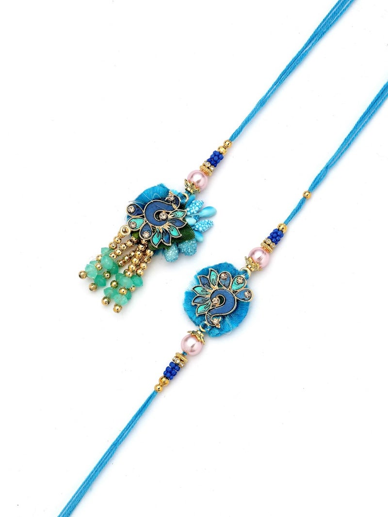 ADIVA Gold-Plated Bead & Pearl Peacock Handmade Rakhi Gift Set, Lumba Rakhi for Raksha Bandhan with Pooja Thali & Roli Chawal Bag - Image 1