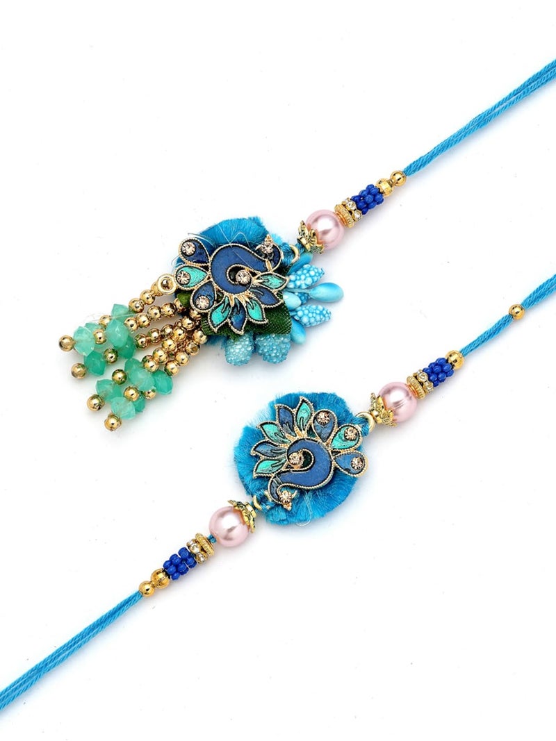 ADIVA Gold-Plated Bead & Pearl Peacock Handmade Rakhi Gift Set, Lumba Rakhi for Raksha Bandhan with Pooja Thali & Roli Chawal Bag - Image 5