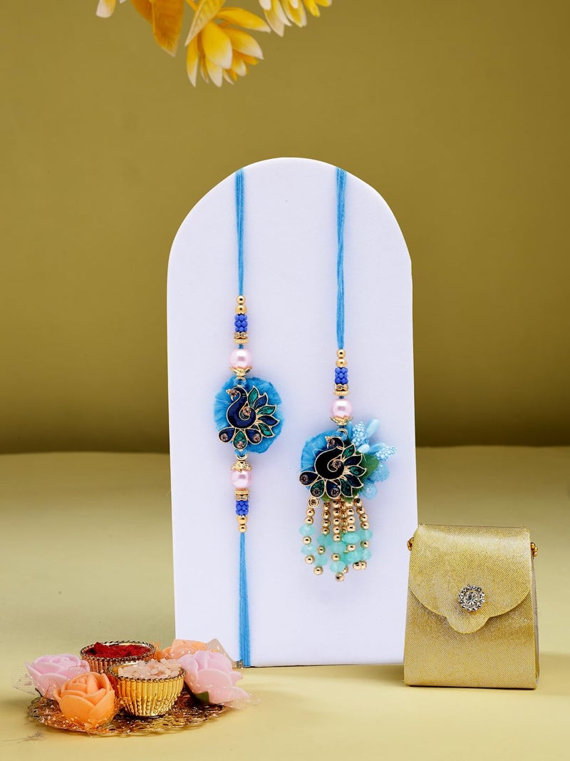 ADIVA Gold-Plated Bead & Pearl Peacock Handmade Rakhi Gift Set, Lumba Rakhi for Raksha Bandhan with Pooja Thali & Roli Chawal Bag - Image 2