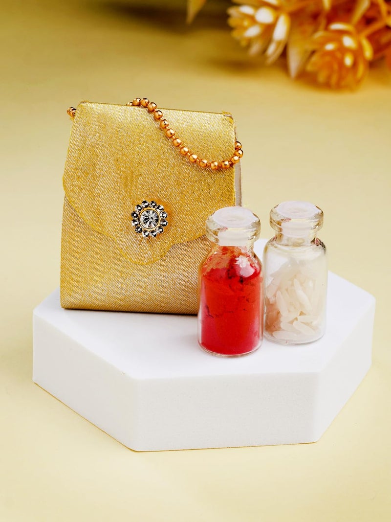 ADIVA Gold-Plated Bead & Pearl Peacock Handmade Rakhi Gift Set, Lumba Rakhi for Raksha Bandhan with Pooja Thali & Roli Chawal Bag - Image 4