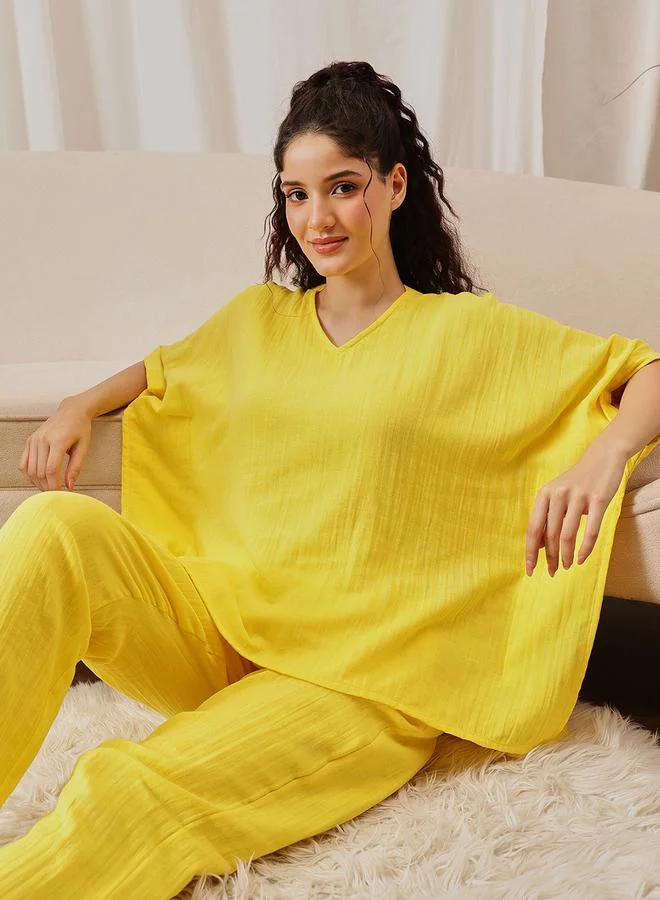 كلوفيا Yellow Kaftan Top and Straight Pants Pyjama Set