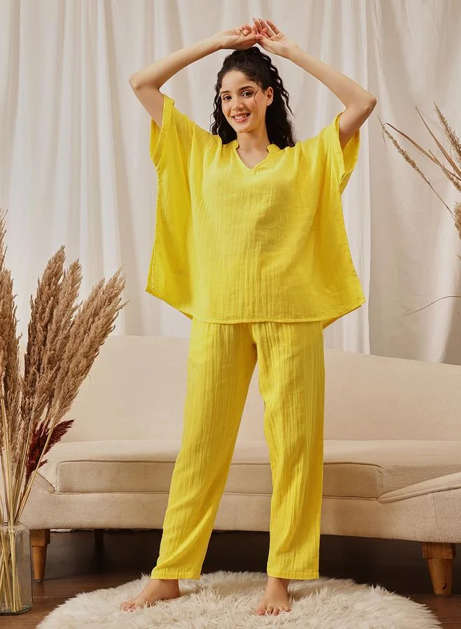 كلوفيا Yellow Kaftan Top and Straight Pants Pyjama Set
