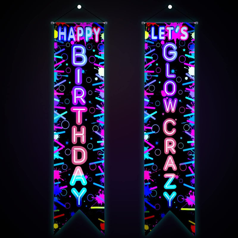Tegeme 2 Pcs Glow in the Dark Party Supplies Neon Happy Birthday Banner Let's Glow Crazy Porch Sign for Black Light Themed Party Decorations Photo Booth Backdrop - Image 1